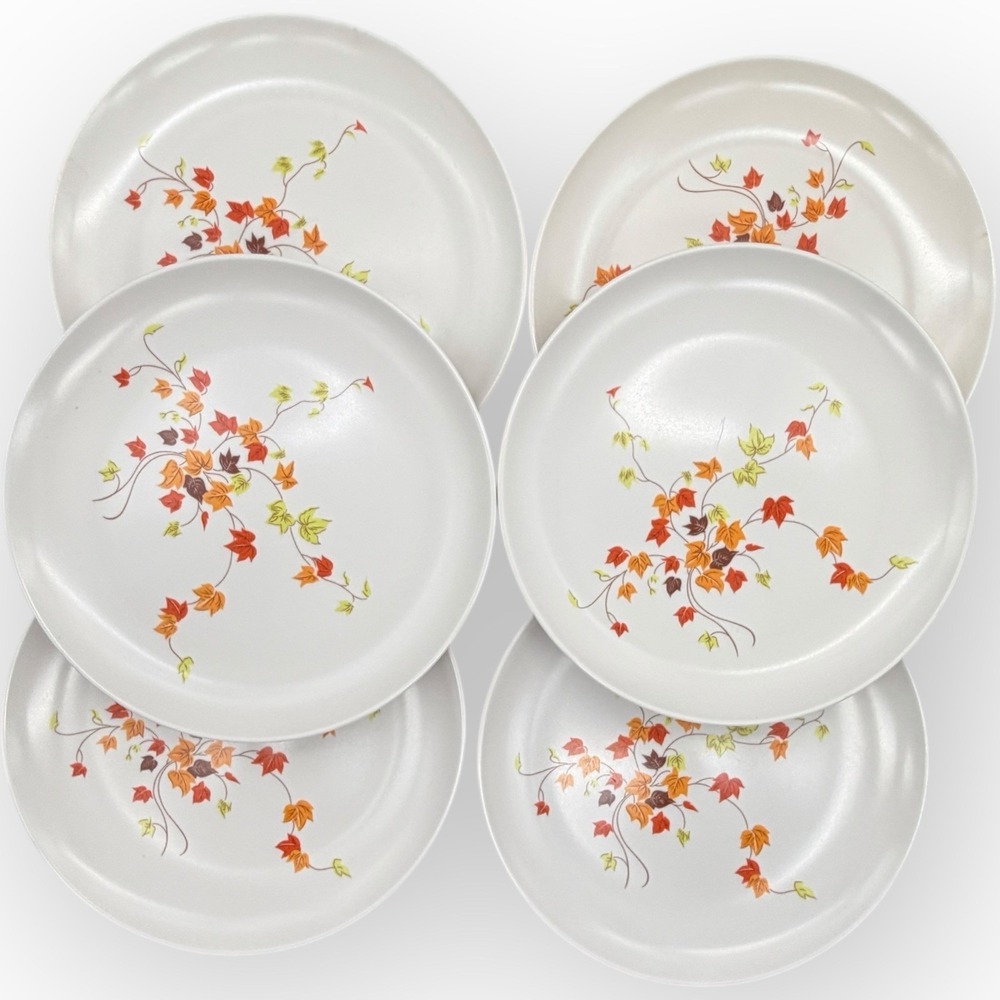 70's Set 6 Marcrest Melmac Fall Leaves Dinner Plates 9.5" Chicago made In USA